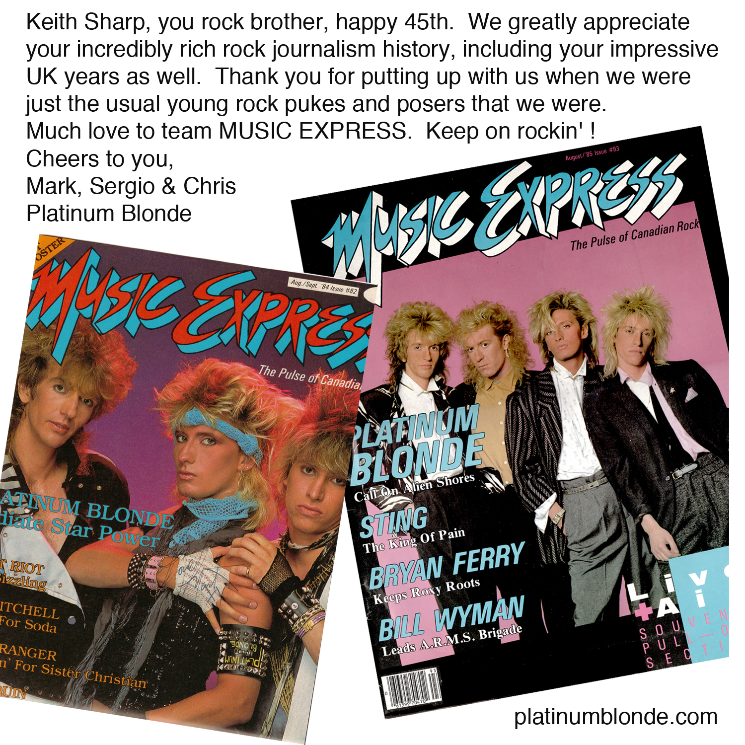ME 45th - Platinum Blonde Anniversary message 