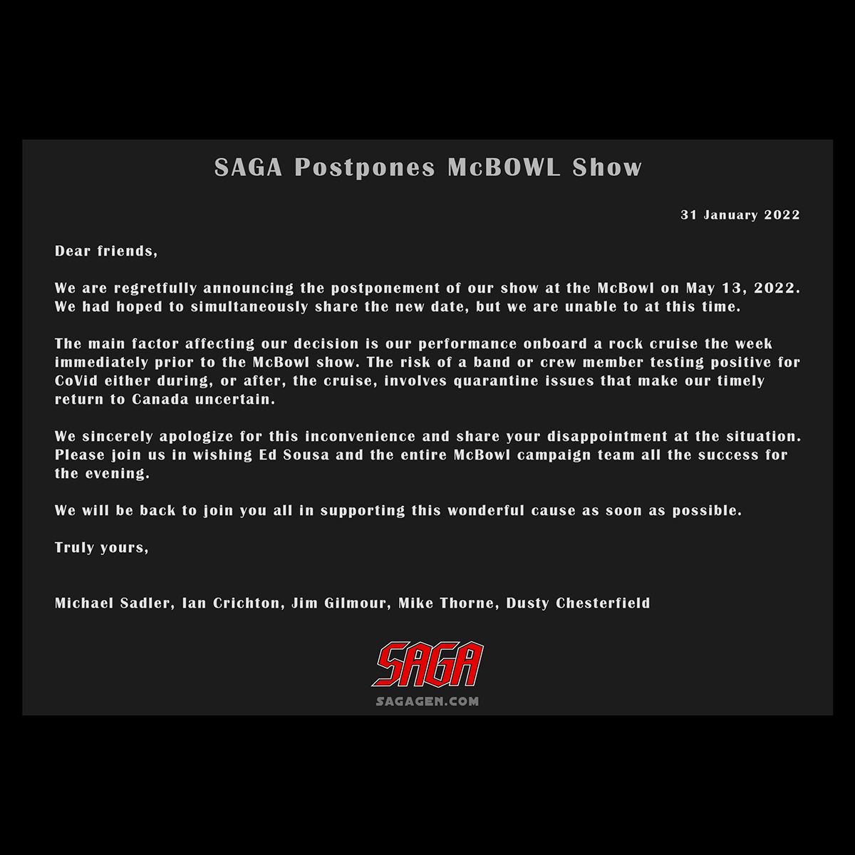 SAGA postpones McBowl Show